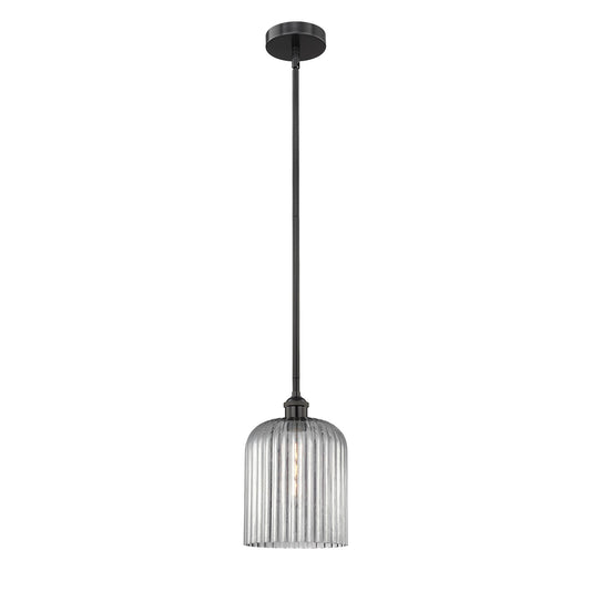 Innovations Bridal Veil 5in 1-Light Mini Pendant | Industrial Matte Black Steel and Light Smoke Ribbed Glass | Kitchen Island & | Model 616-1S-BK-G559-8SM