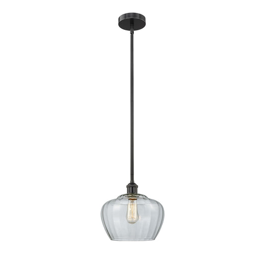 Innovations Fenton 11in 1-Light Mini Pendant | Industrial Matte Black Steel and Clear Ribbed Glass | Kitchen Island & Dining Room | Model 616-1S-BK-G92-L