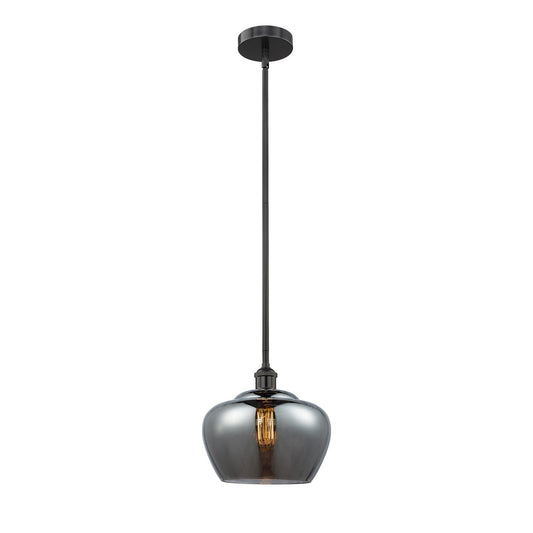 Innovations Fenton 11in 1-Light Mini Pendant | Industrial Matte Black Steel and Light Smoke Ribbed Glass | Kitchen Island & | Model 616-1S-BK-G93-L-LED