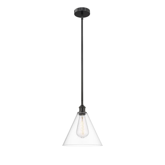 Innovations Berkshire 12in 1-Light Mini Pendant | Industrial Matte Black Steel and Clear Glass | Kitchen Island & Dining Room | Model 616-1S-BK-GBC-122