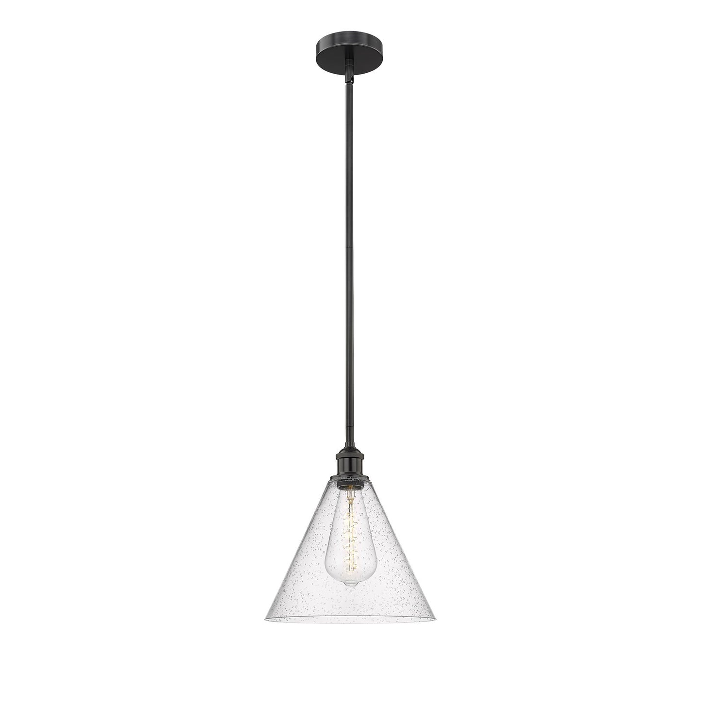 Innovations Berkshire 12in 1-Light Mini Pendant | Industrial Matte Black Steel and Seedy Glass | Kitchen Island & Dining | Model 616-1S-BK-GBC-124-LED