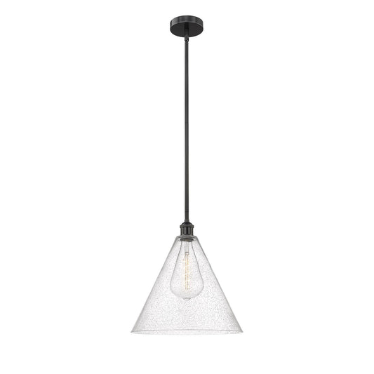 Innovations Berkshire Glass 16in 1-Light Pendant | Industrial Matte Black Steel and Cast Brass with Seedy Glass | Kitchen Island | Model 616-1S-BK-GBC-164