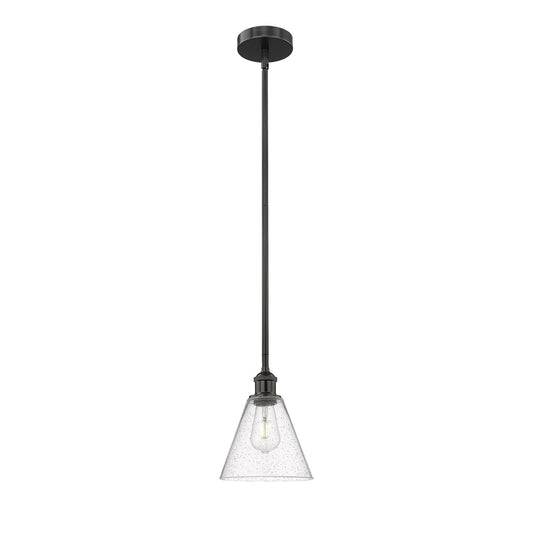 Innovations Berkshire Glass 8in 1-Light Mini Pendant | Industrial Matte Black Steel and Seedy Glass | Kitchen Island & Dining | Model 616-1S-BK-GBC-84