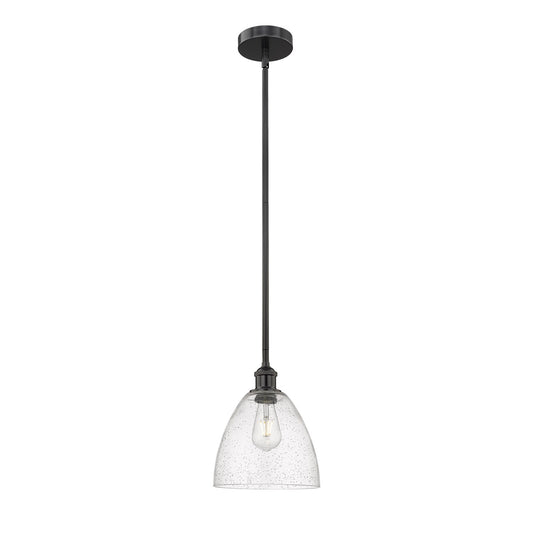Innovations Bristol 9in 1-Light Mini Pendant | Industrial Matte Black Steel and Seedy Glass | Kitchen Island & Dining Room | Model 616-1S-BK-GBD-94-LED