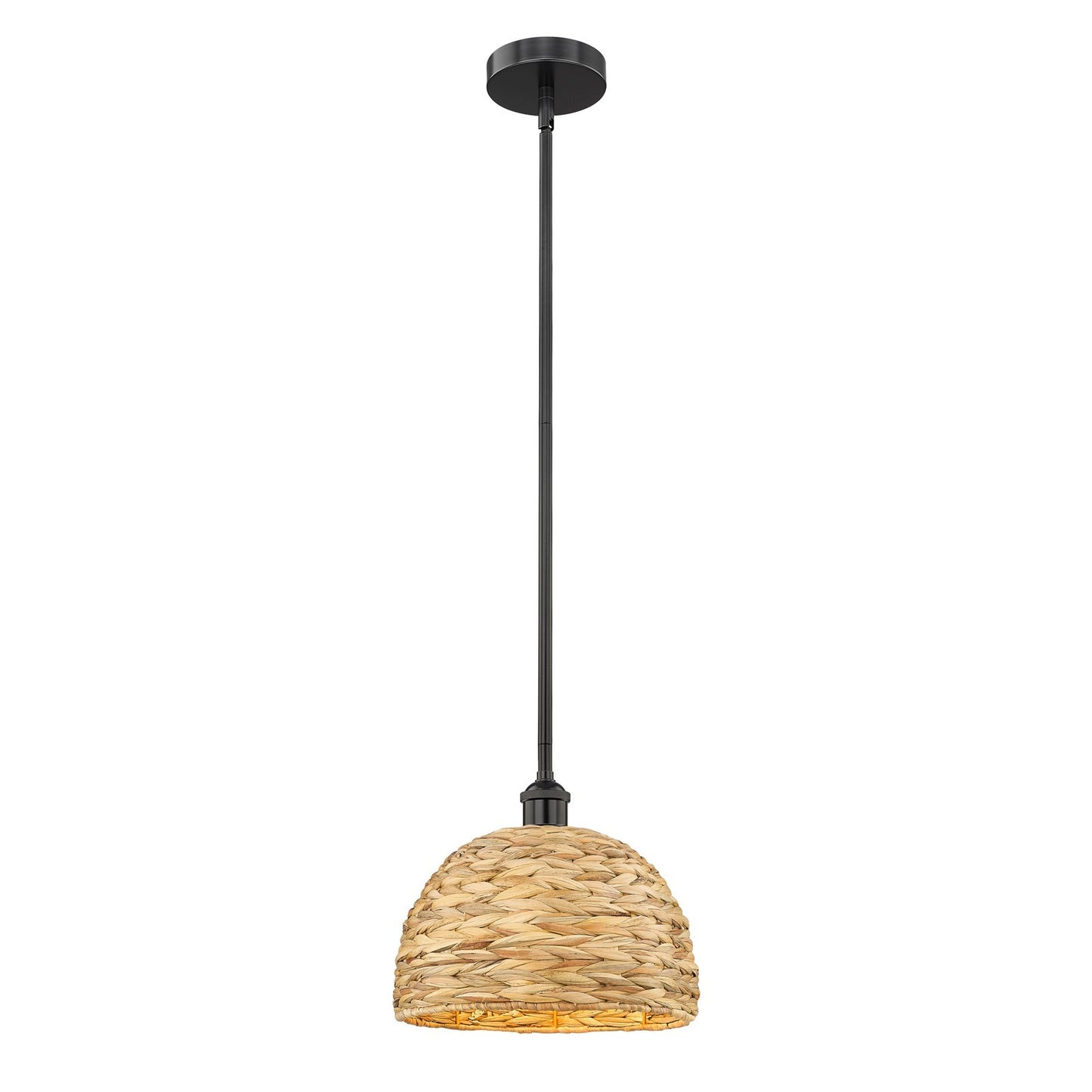 Innovations Woven Rattan 12in 1-Light Mini Pendant | Industrial Matte Black Steel and Natural Fiber Dome Shade | Kitchen | Model 616-1S-BK-RBD-12-NAT