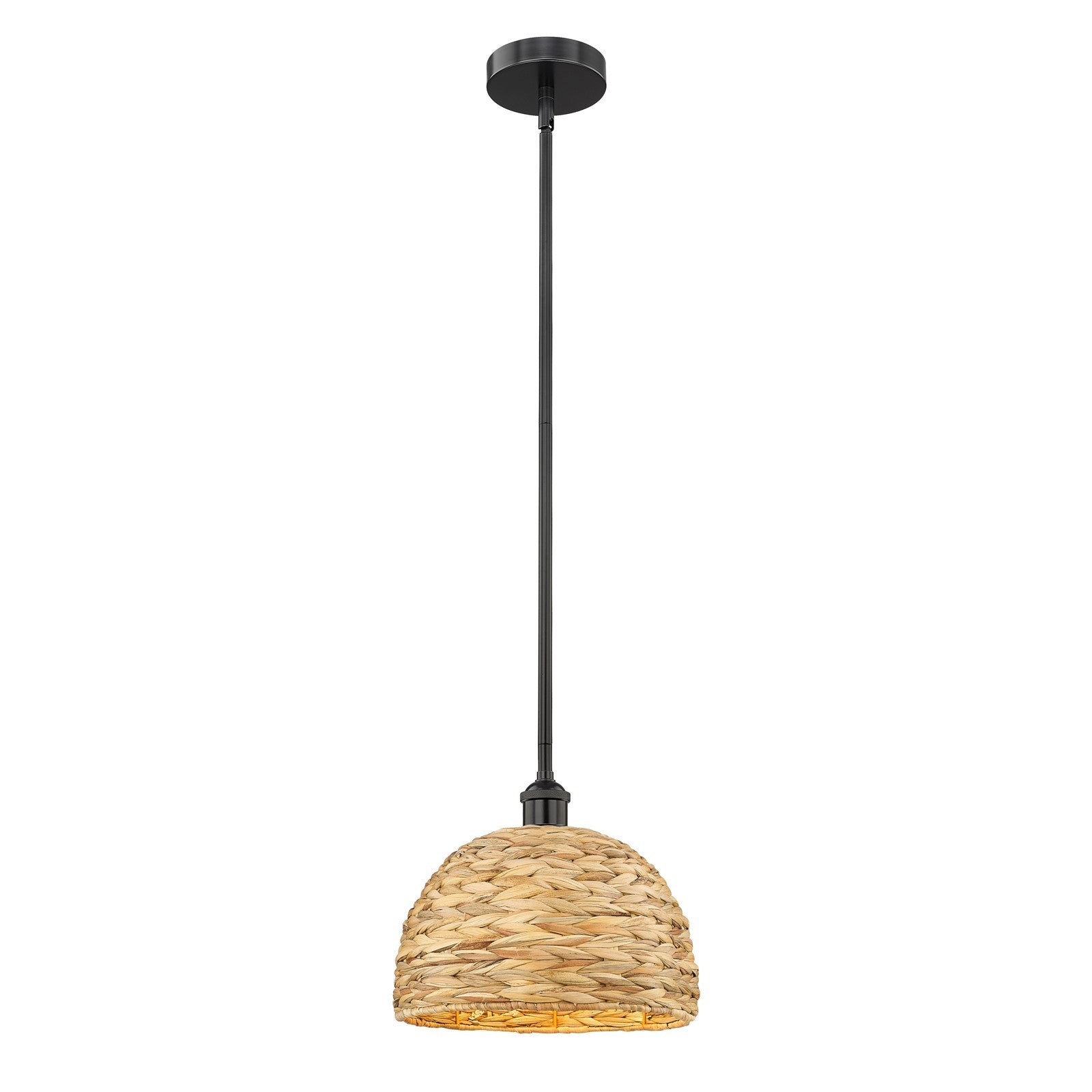 Innovations Woven Rattan 12in 1-Light Mini Pendant | Industrial Matte Black Steel and Natural Fiber Dome Shade | Kitchen | Model 616-1S-BK-RBD-12-NAT