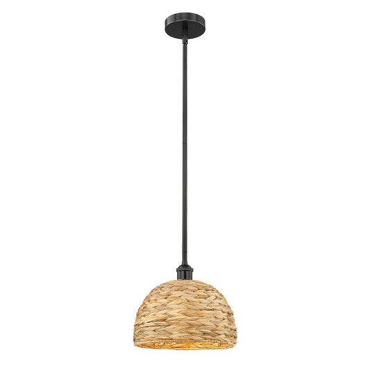 Innovations Woven Rattan 12in 1-Light Mini Pendant | Industrial Matte Black Steel and Natural Fiber Dome Shade | Kitchen | Model 616-1S-BK-RBD-12-NAT
