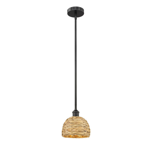 Innovations Woven Rattan 8in 1-Light Mini Pendant | Rustic Matte Black Steel and Natural Woven Rattan | Kitchen Island & | Model 616-1S-BK-RBD-8-NAT