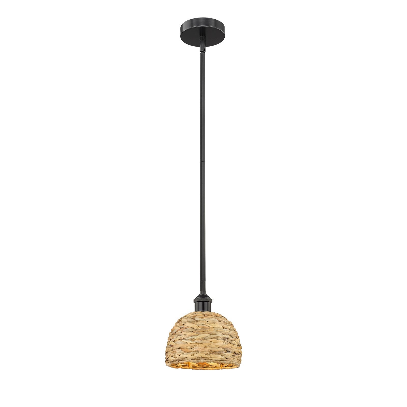 Innovations Woven Rattan 8in 1-Light Mini Pendant | Rustic Matte Black Steel and Natural Woven Rattan | Kitchen Island & | Model 616-1S-BK-RBD-8-NAT