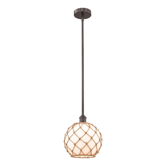 Innovations Farmhouse Rope 10in 1-Light Mini Pendant | Industrial Oil Rubbed Bronze Steel and Matte White Glass with Brown | Model 616-1S-OB-G121-10RB