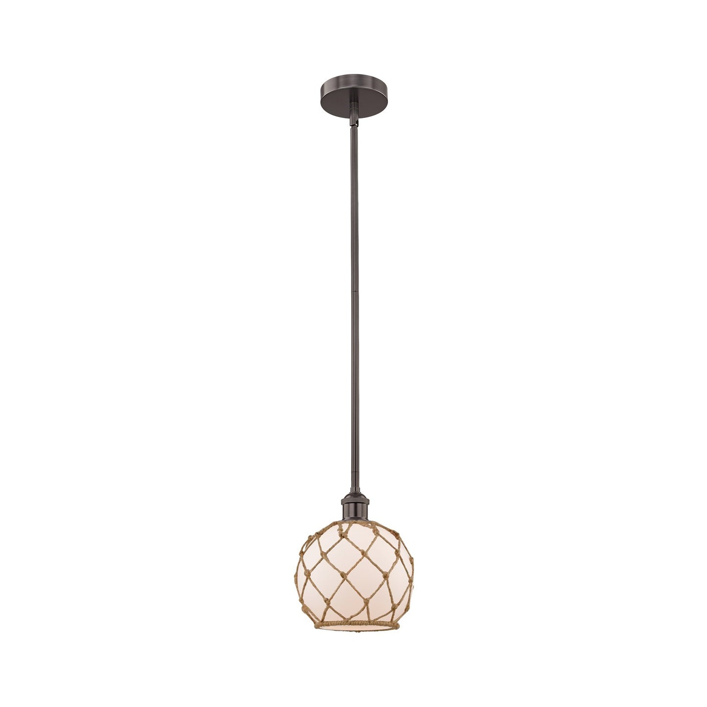 Innovations Farmhouse Rope 8in 1-Light Mini Pendant | Industrial Oil Rubbed Bronze Steel and White Glass with Brown Rope | Model 616-1S-OB-G121-8RB-LED
