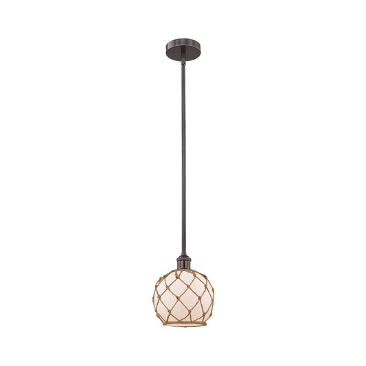 Innovations Farmhouse Rope 8in 1-Light Mini Pendant | Industrial Oil Rubbed Bronze Steel and White Glass with Brown Rope | Model 616-1S-OB-G121-8RB-LED