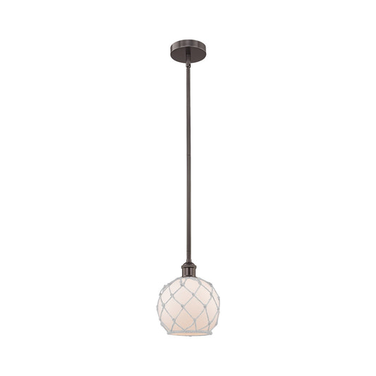 Innovations Farmhouse Rope 8in 1-Light Mini Pendant | Industrial Oil Rubbed Bronze Steel and White Frosted Glass with Rope | Model 616-1S-OB-G121-8RW