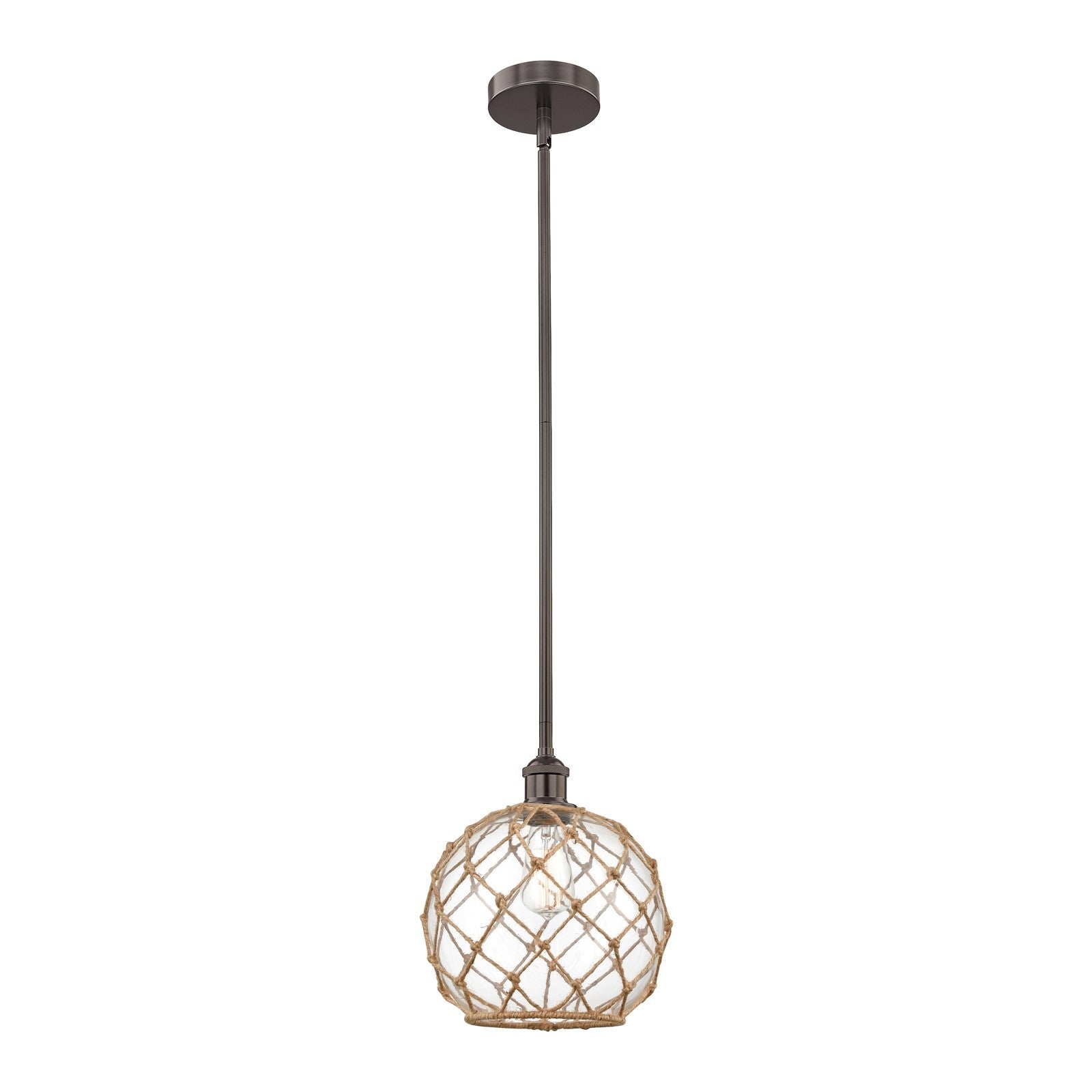 Innovations Farmhouse Rope 10in 1-Light Mini Pendant | Industrial Oil Rubbed Bronze Steel and Clear Glass with Brown Rope | Model 616-1S-OB-G122-10RB