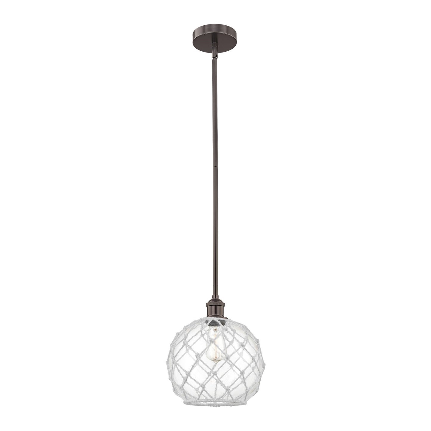 Innovations Farmhouse Rope 10in 1-Light Mini Pendant | Industrial Oil Rubbed Bronze Steel and Clear Glass with White Rope | Model 616-1S-OB-G122-10RW-LED