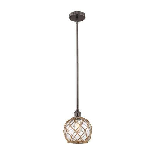 Innovations Farmhouse Rope 8in 1-Light Mini Pendant | Industrial Oil Rubbed Bronze Steel and Clear Glass with Brown Rope | Model 616-1S-OB-G122-8RB-LED