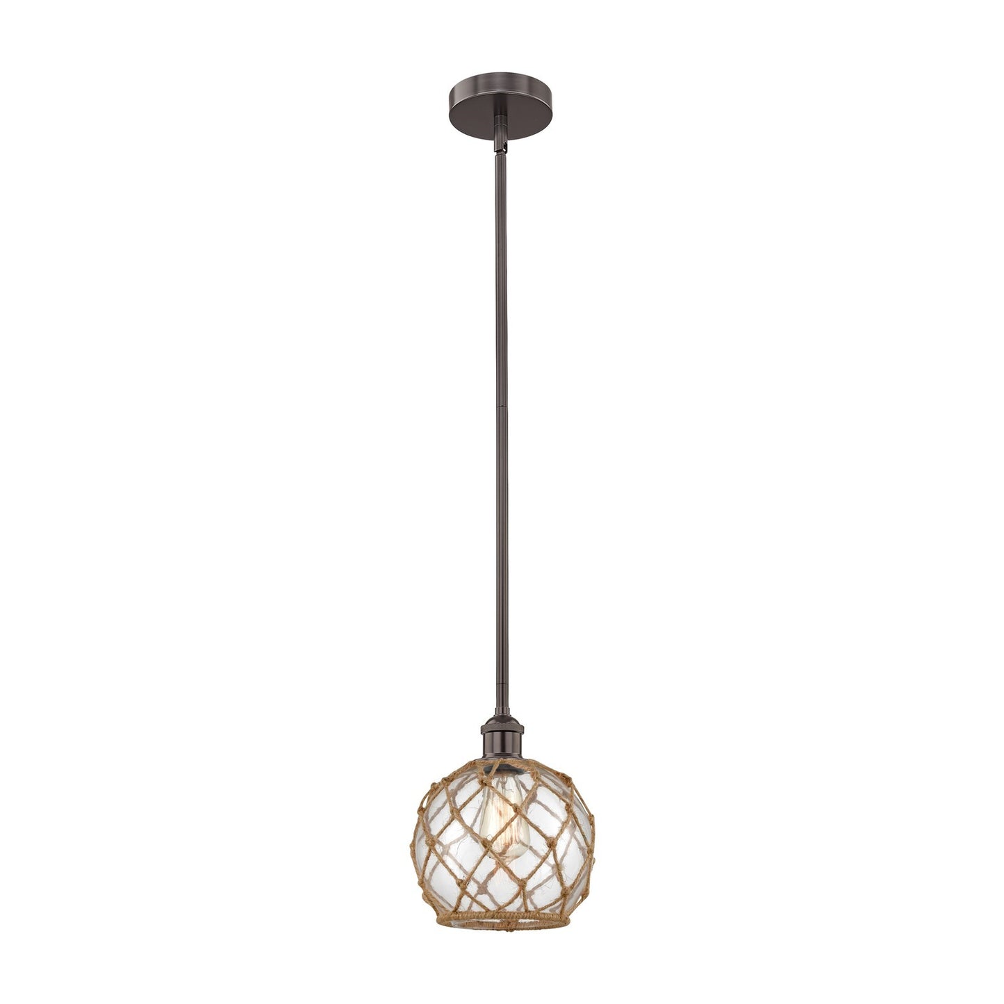 Innovations Farmhouse Rope 8in 1-Light Mini Pendant | Industrial Oil Rubbed Bronze Steel and Clear Glass with Brown Rope | Model 616-1S-OB-G122-8RB-LED