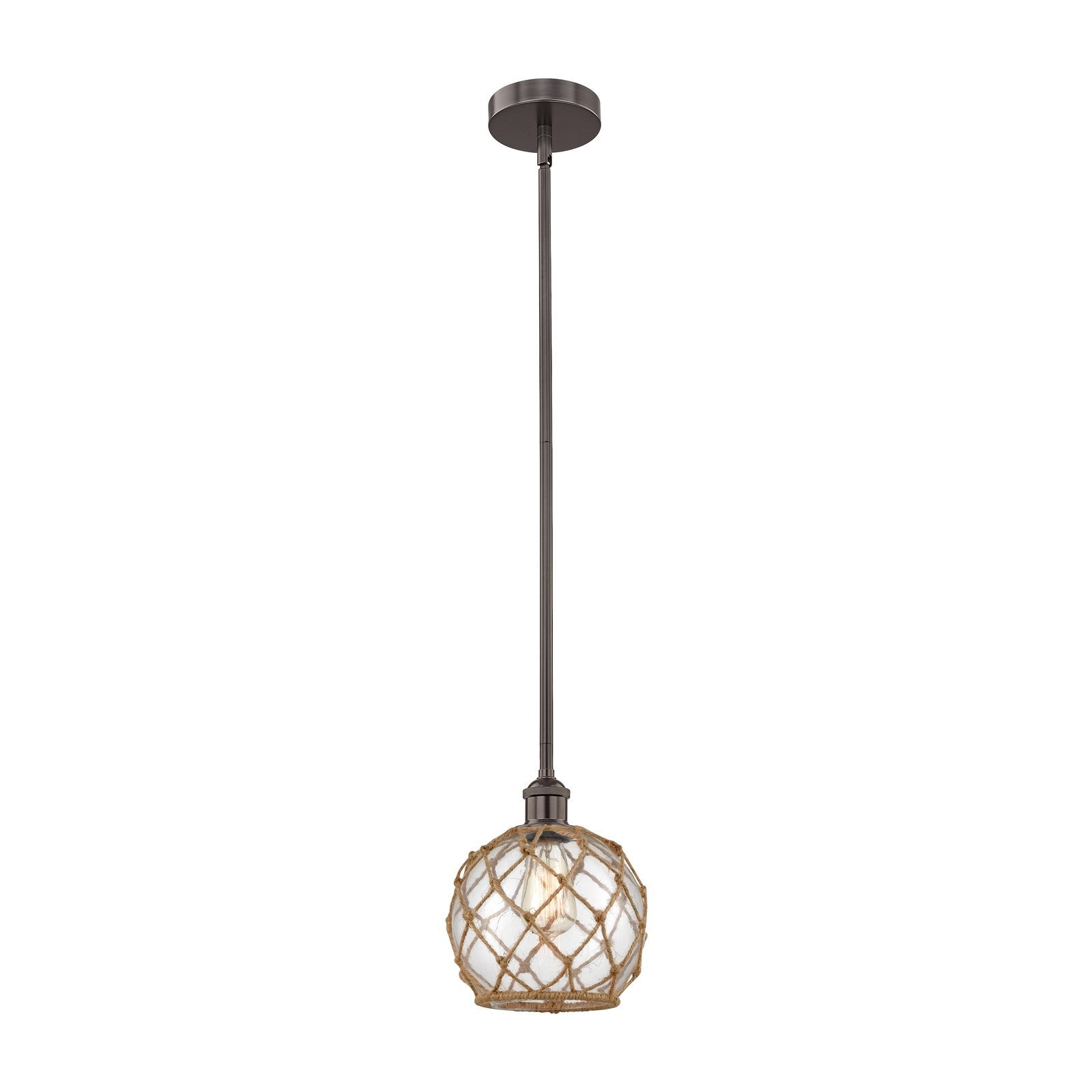 Innovations Farmhouse Rope 8in 1-Light Mini Pendant | Industrial Oil Rubbed Bronze Steel and Clear Glass with Brown Rope | Model 616-1S-OB-G122-8RB-LED