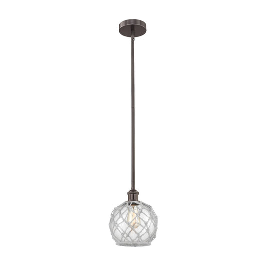 Innovations Farmhouse Rope 8in 1-Light Mini Pendant | Industrial Oil Rubbed Bronze Steel and Clear Glass with White Rope | Model 616-1S-OB-G122-8RW-LED
