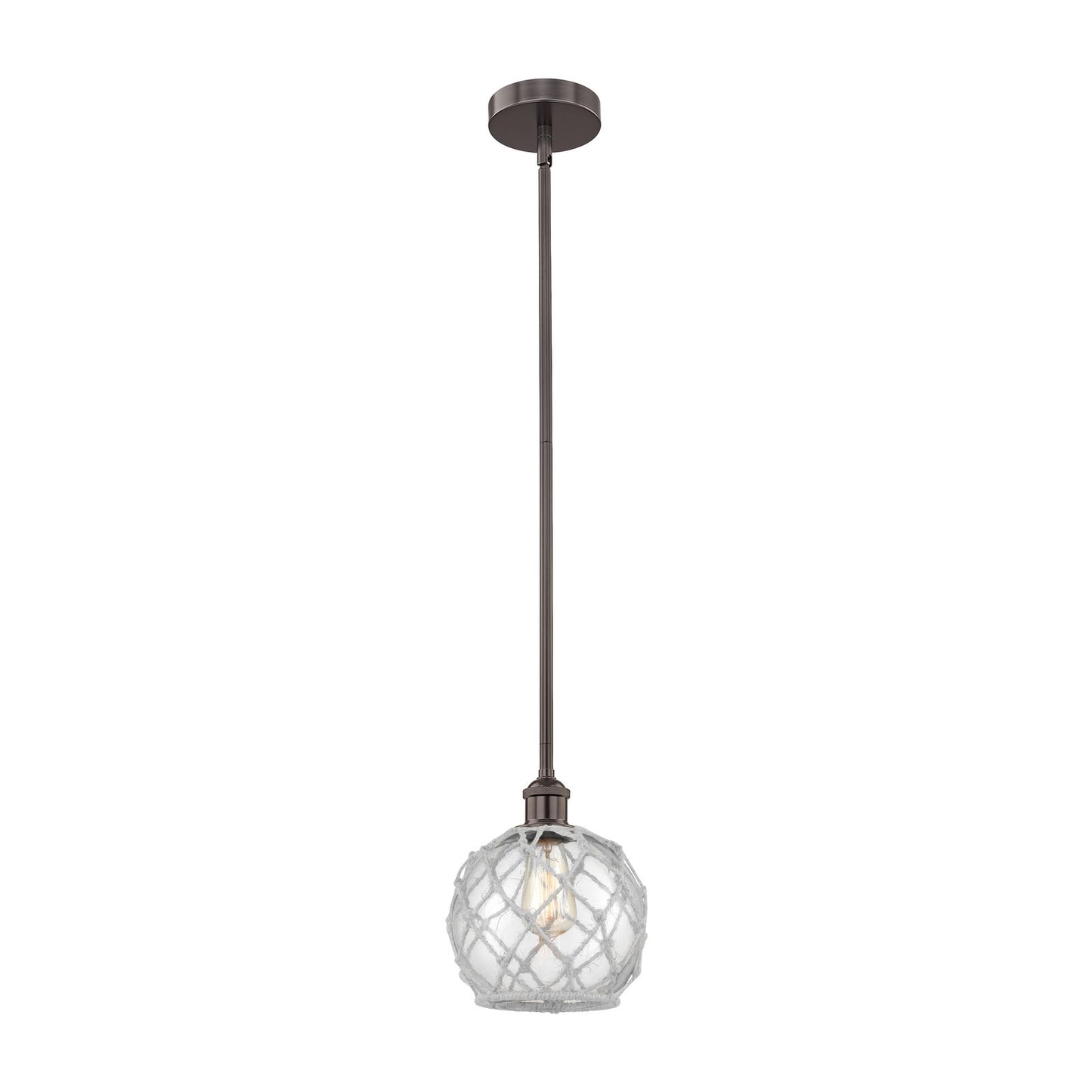Innovations Farmhouse Rope 8in 1-Light Mini Pendant | Industrial Oil Rubbed Bronze Steel and Clear Glass with White Rope | Model 616-1S-OB-G122-8RW-LED