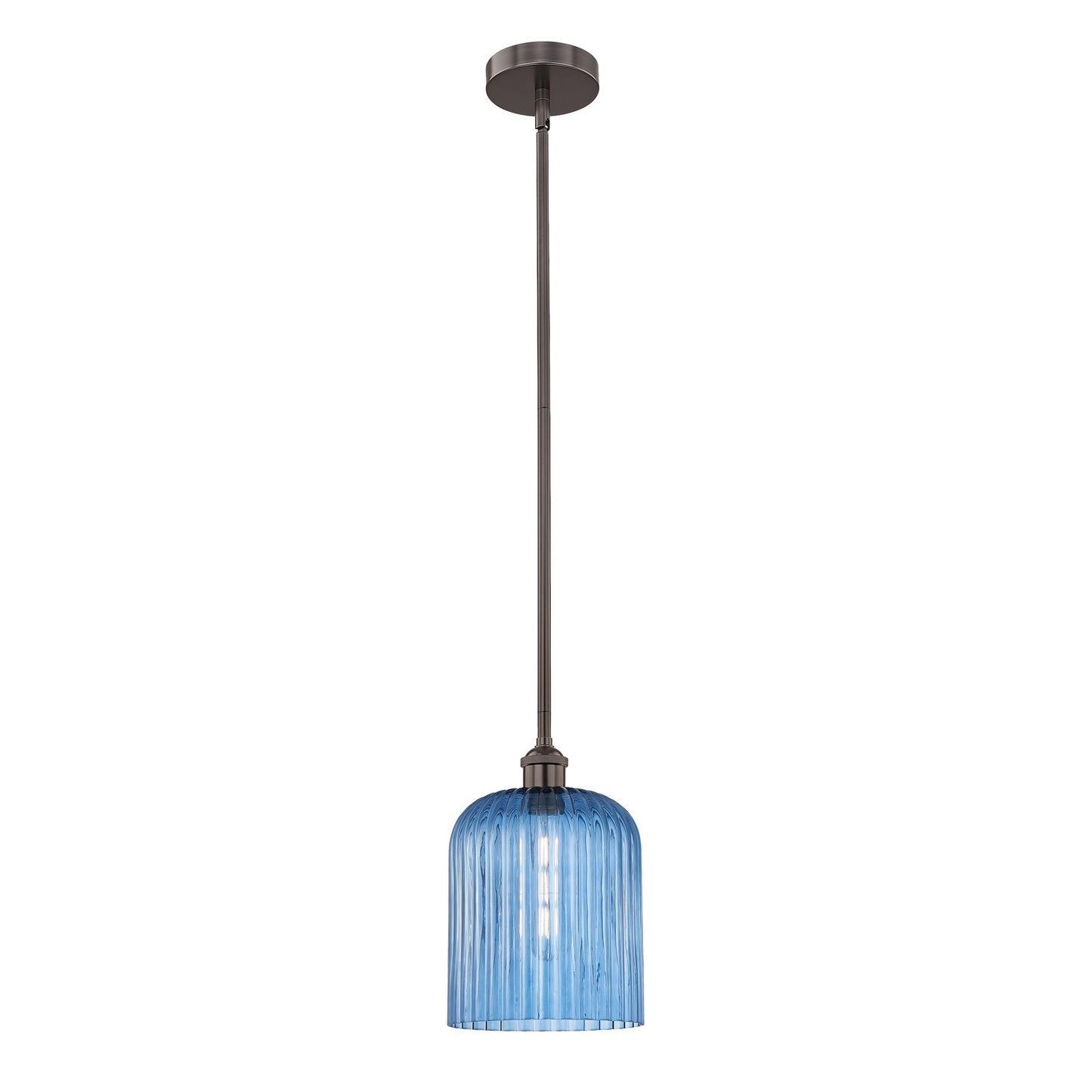 Innovations Bridal Veil 5in 1-Light Mini Pendant | Art Nouveau Industrial Oil Rubbed Bronze and Princess Blue Ribbed Glass | Model 616-1S-OB-G559-8BL