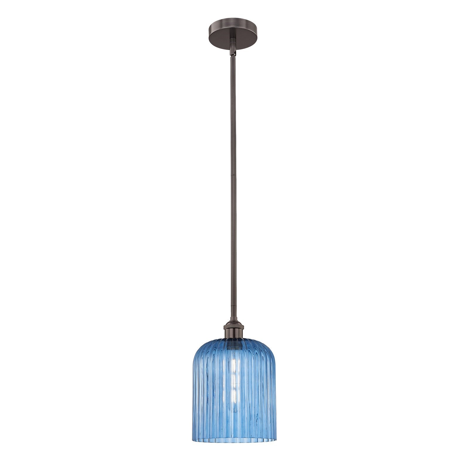 Innovations Bridal Veil 5in 1-Light Mini Pendant | Art Nouveau Industrial Oil Rubbed Bronze and Princess Blue Ribbed Glass | Model 616-1S-OB-G559-8BL