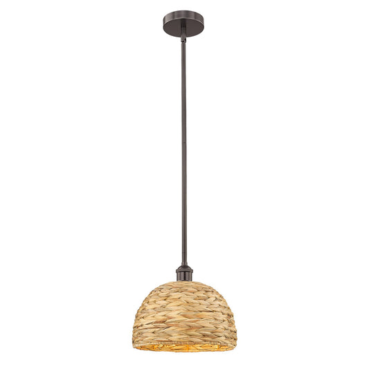 Innovations Woven Rattan 12in 1-Light Mini Pendant | Industrial Oil Rubbed Bronze Steel and Natural Rattan | Kitchen Island & | Model 616-1S-OB-RBD-12-NAT