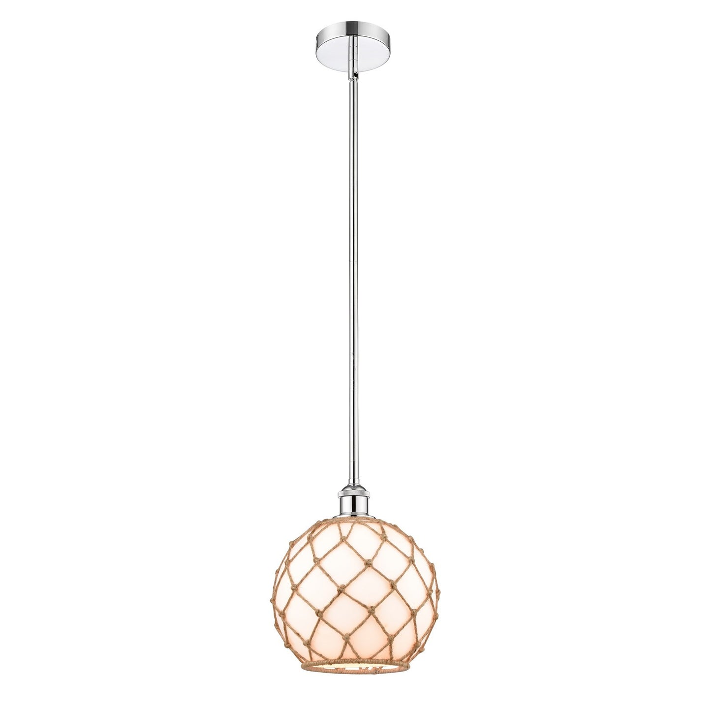 Innovations Farmhouse Rope 10in 1-Light Mini Pendant | Industrial Polished Chrome Steel and Matte White Glass with Brown | Model 616-1S-PC-G121-10RB-LED