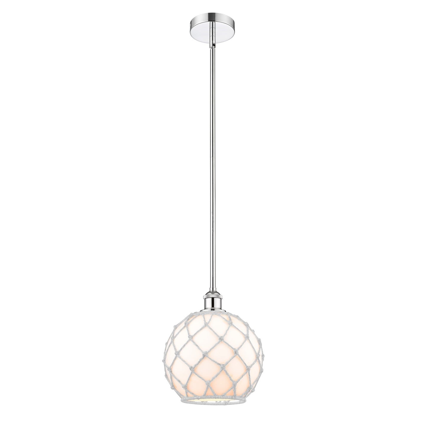 Innovations Farmhouse Rope 10in 1-Light Mini Pendant | Industrial Polished Chrome Steel and White Glass Rope Shade | Model 616-1S-PC-G121-10RW-LED