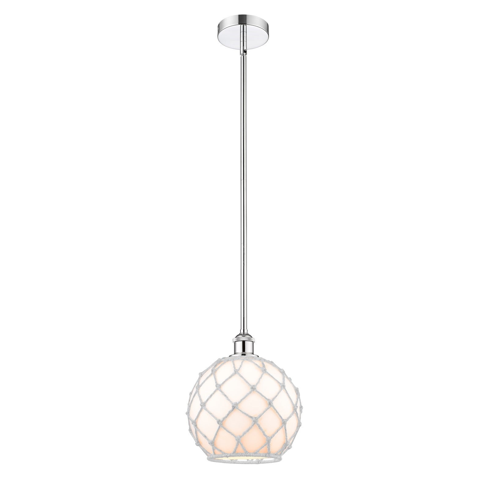 Innovations Farmhouse Rope 10in 1-Light Mini Pendant | Industrial Polished Chrome Steel and White Glass Rope Shade | Model 616-1S-PC-G121-10RW-LED