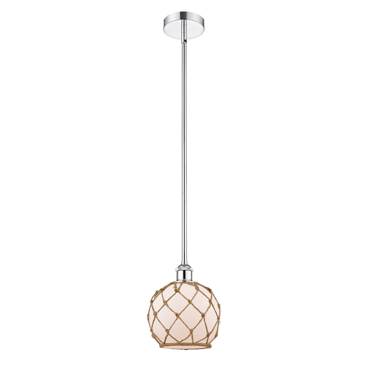 Innovations Farmhouse Rope 8in 1-Light Mini Pendant | Industrial Polished Chrome and White Frosted Glass with Brown Rope | Model 616-1S-PC-G121-8RB