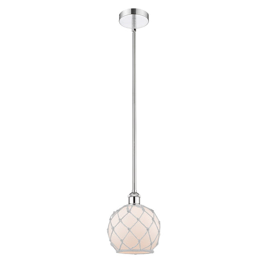 Innovations Farmhouse Rope 8in 1-Light Mini Pendant | Industrial Polished Chrome Steel and White Frosted Glass with Rope | Model 616-1S-PC-G121-8RW