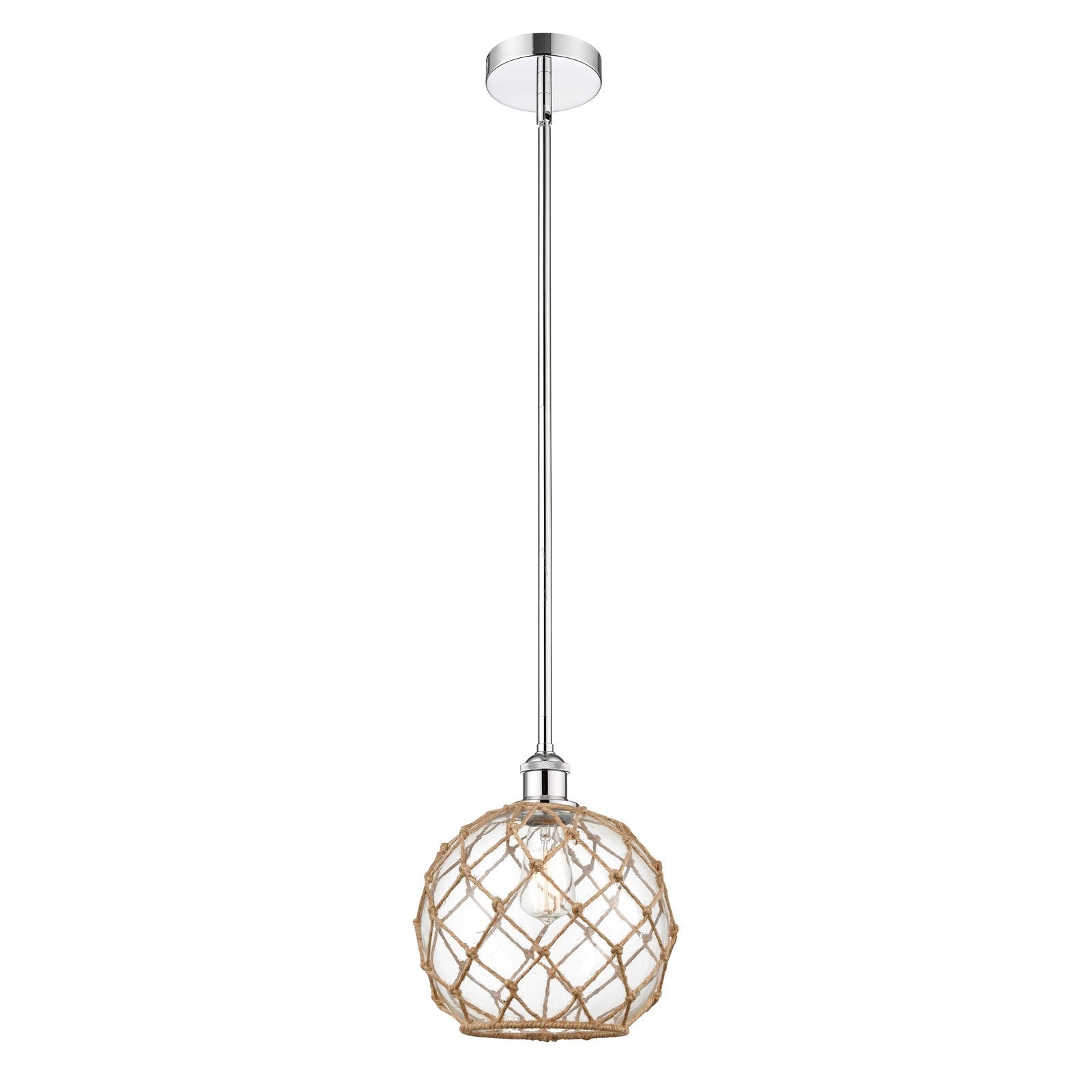 Innovations Farmhouse Rope 10in 1-Light Mini Pendant | Industrial Polished Chrome Steel and Clear Glass with Brown Rope | Model 616-1S-PC-G122-10RB