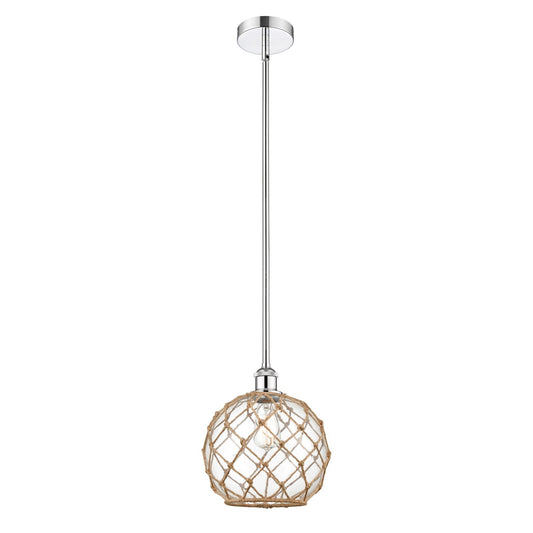 Innovations Farmhouse Rope 10in 1-Light Mini Pendant | Industrial Polished Chrome Steel and Clear Glass with Brown Rope | Model 616-1S-PC-G122-10RB-LED