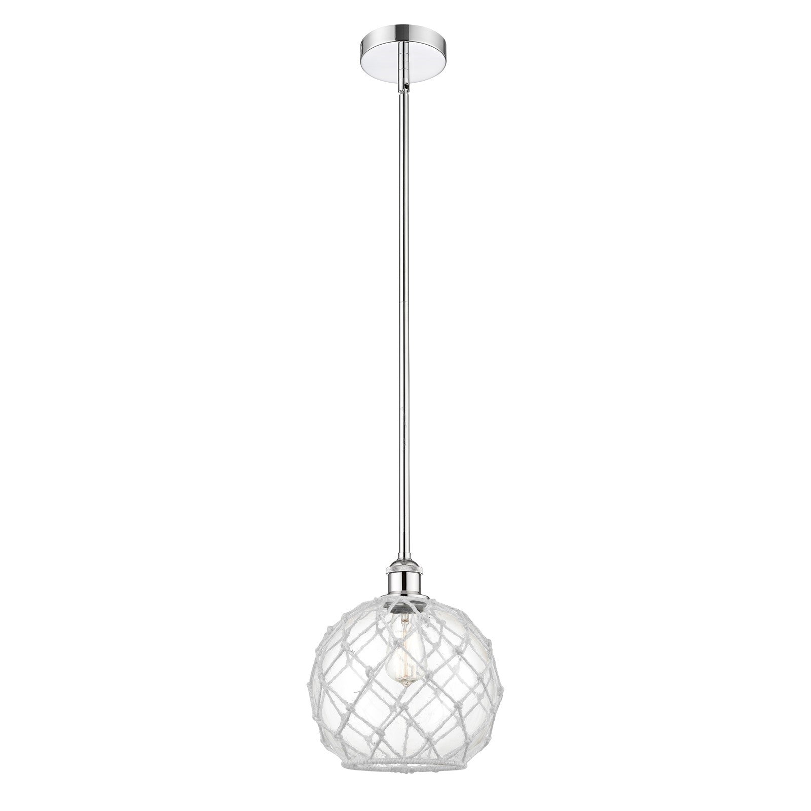 Innovations Farmhouse Rope 10in 1-Light Mini Pendant | Industrial Polished Chrome and Clear Glass with White Rope | Model 616-1S-PC-G122-10RW-LED