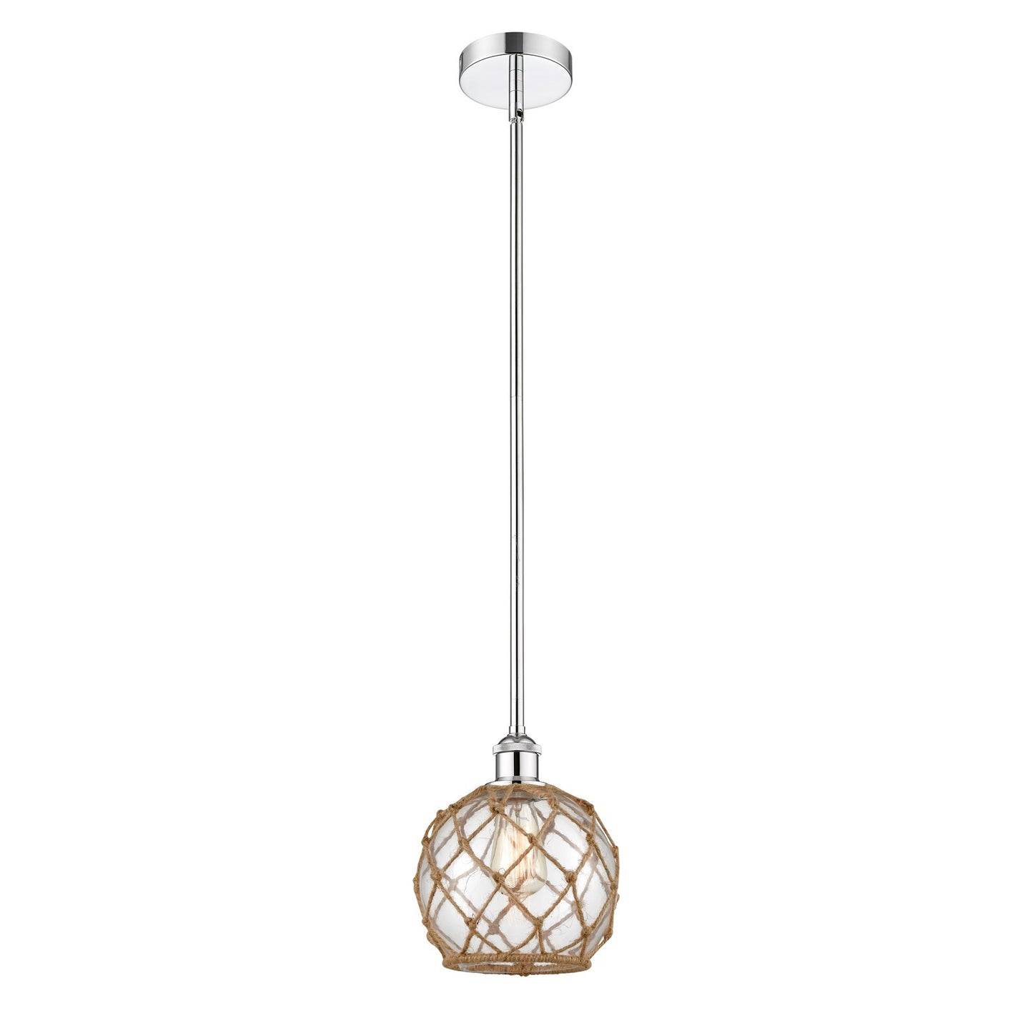 Innovations Farmhouse Rope 8in 1-Light Mini Pendant | Industrial Polished Chrome Steel and Clear Glass with Brown Rope | Model 616-1S-PC-G122-8RB