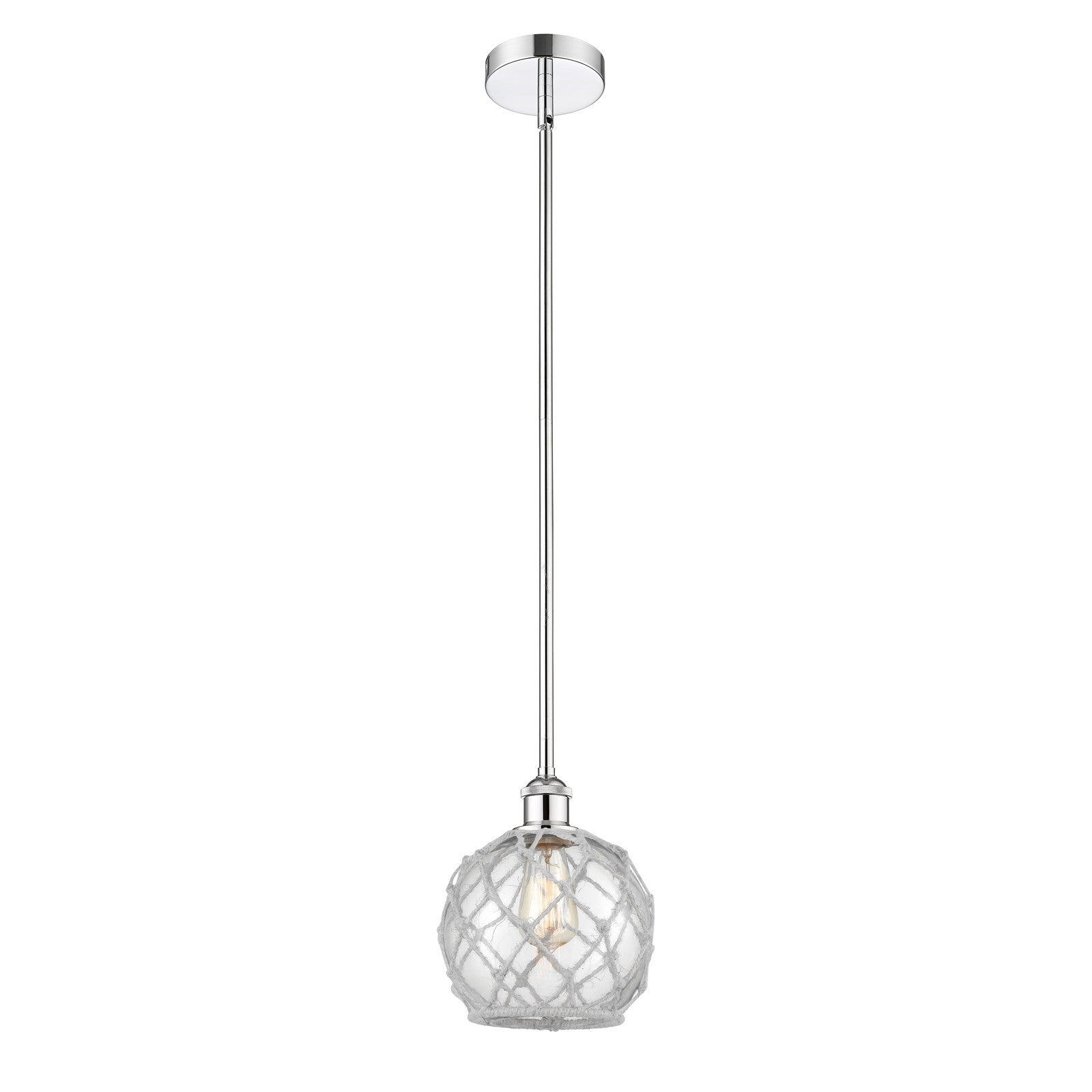 Innovations Farmhouse Rope 8in 1-Light Mini Pendant | Industrial Polished Chrome and Clear Glass with White Rope | Kitchen | Model 616-1S-PC-G122-8RW