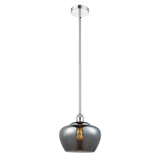 Innovations Fenton 11in 1-Light Mini Pendant | Industrial Polished Chrome and Light Smoke Ribbed Glass | Kitchen Island & Dining | Model 616-1S-PC-G93-L
