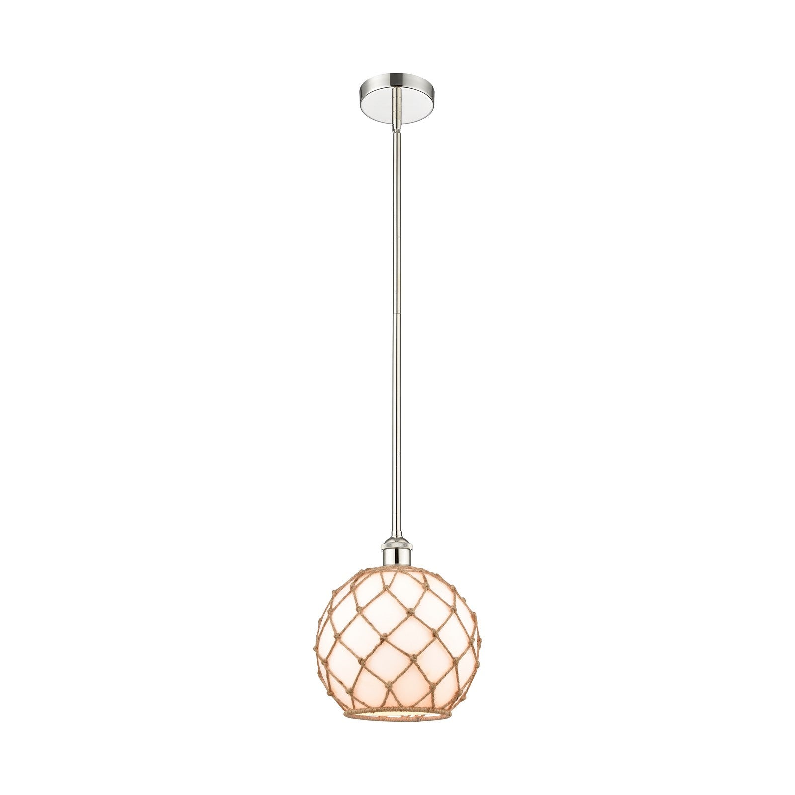 Innovations Farmhouse Rope 10in 1-Light Mini Pendant | Industrial Polished Nickel Steel and Matte White Glass with Brown | Model 616-1S-PN-G121-10RB-LED