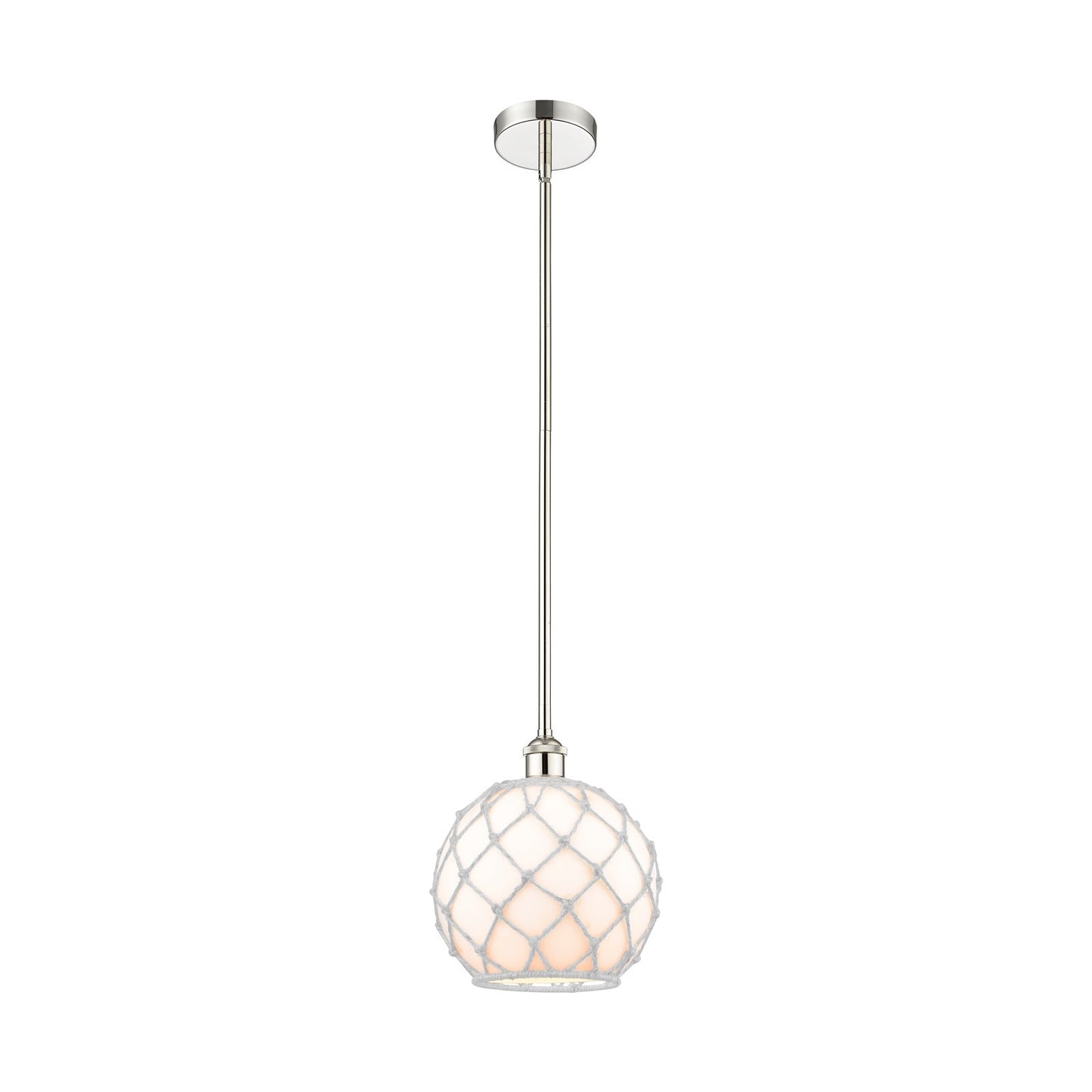 Innovations Farmhouse Rope 10in 1-Light Mini Pendant | Industrial Polished Nickel and White Glass with Rope Shade | Kitchen | Model 616-1S-PN-G121-10RW