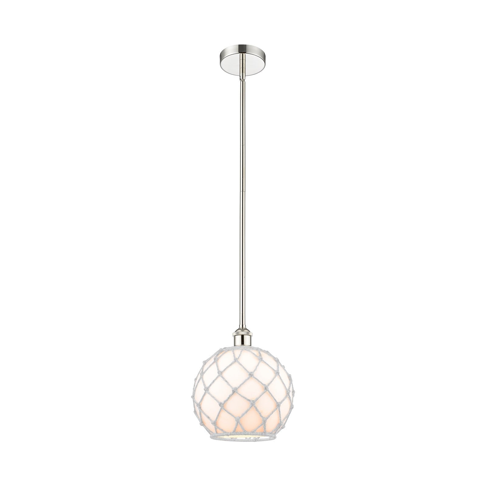Innovations Farmhouse Rope 10in 1-Light Mini Pendant | Industrial Polished Nickel Steel and White Glass Rope Shade | Model 616-1S-PN-G121-10RW-LED