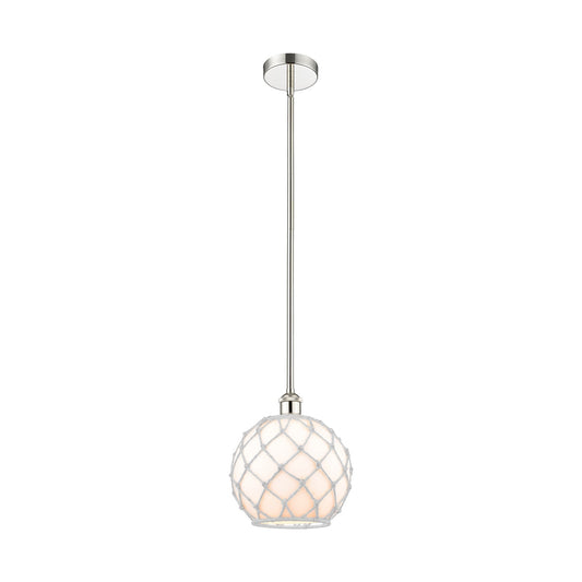 Innovations Farmhouse Rope 10in 1-Light Mini Pendant | Industrial Polished Nickel Steel and White Glass Rope Shade | Model 616-1S-PN-G121-10RW-LED