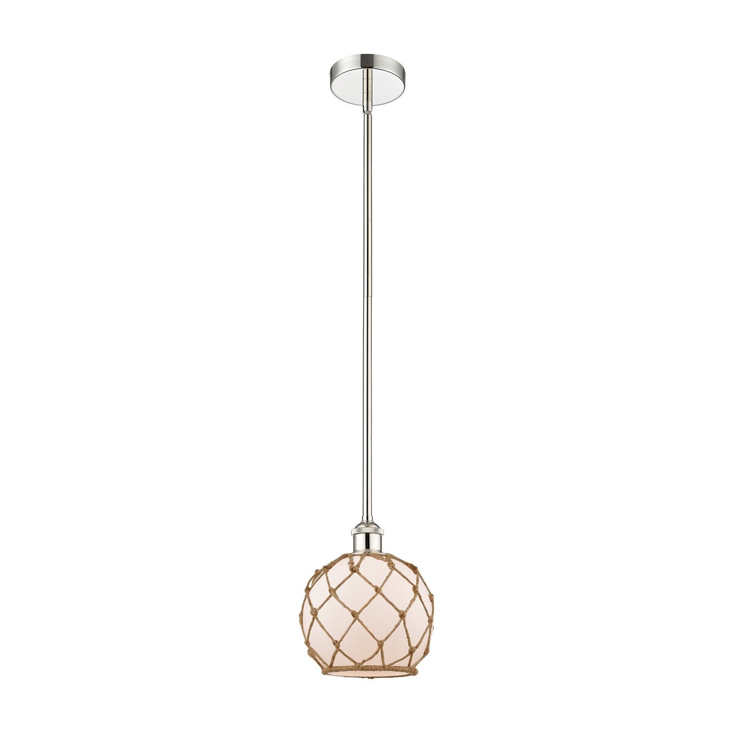 Innovations Farmhouse Rope 8in 1-Light Mini Pendant | Industrial Polished Nickel Steel and White Frosted Glass with Brown | Model 616-1S-PN-G121-8RB-LED