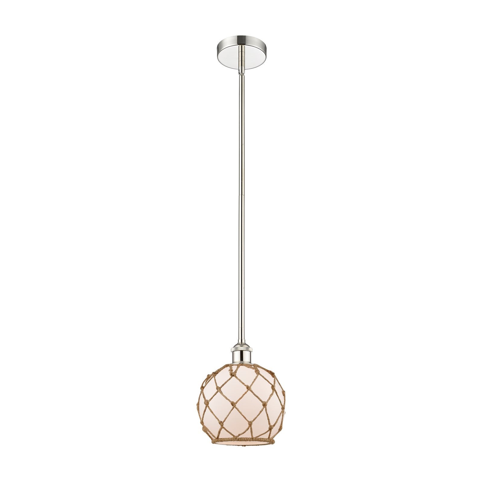 Innovations Farmhouse Rope 8in 1-Light Mini Pendant | Industrial Polished Nickel Steel and White Frosted Glass with Brown | Model 616-1S-PN-G121-8RB-LED