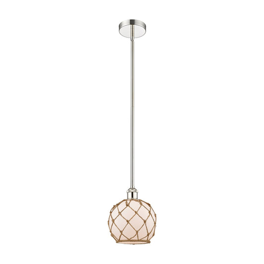 Innovations Farmhouse Rope 8in 1-Light Mini Pendant | Industrial Polished Nickel Steel and White Frosted Glass with Brown | Model 616-1S-PN-G121-8RB-LED
