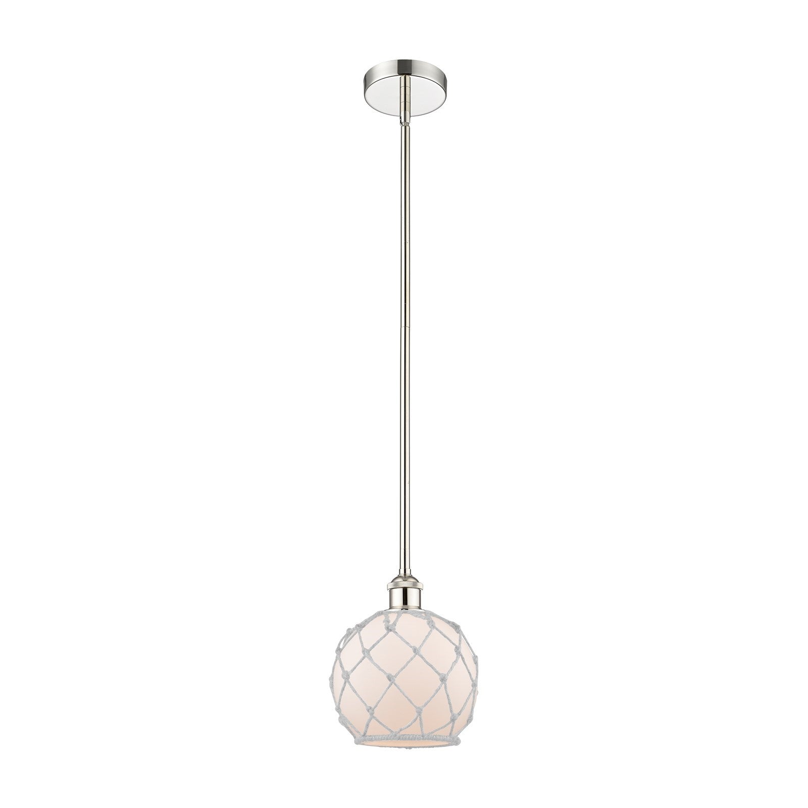 Innovations Farmhouse Rope 8in 1-Light Mini Pendant | Industrial Polished Nickel Steel and White Frosted Glass Rope Shade | Model 616-1S-PN-G121-8RW