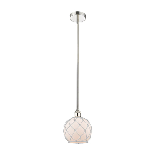 Innovations Farmhouse Rope 8in 1-Light Mini Pendant | Industrial Polished Nickel Steel and White Frosted Glass with Rope | Model 616-1S-PN-G121-8RW-LED