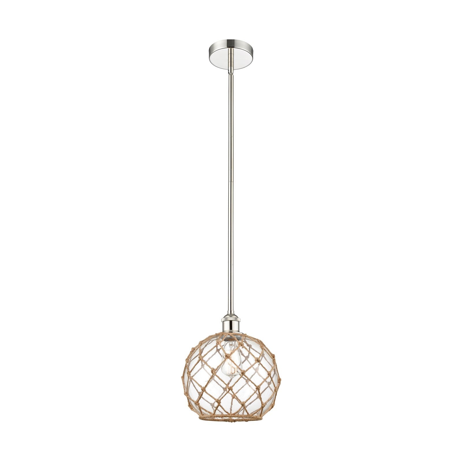 Innovations Farmhouse Rope 10in 1-Light Mini Pendant | Industrial Polished Nickel Steel and Clear Glass with Brown Rope | Model 616-1S-PN-G122-10RB