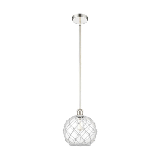Innovations Farmhouse Rope 10in 1-Light Mini Pendant | Industrial Polished Nickel Steel and Clear Glass with White Rope | Model 616-1S-PN-G122-10RW-LED