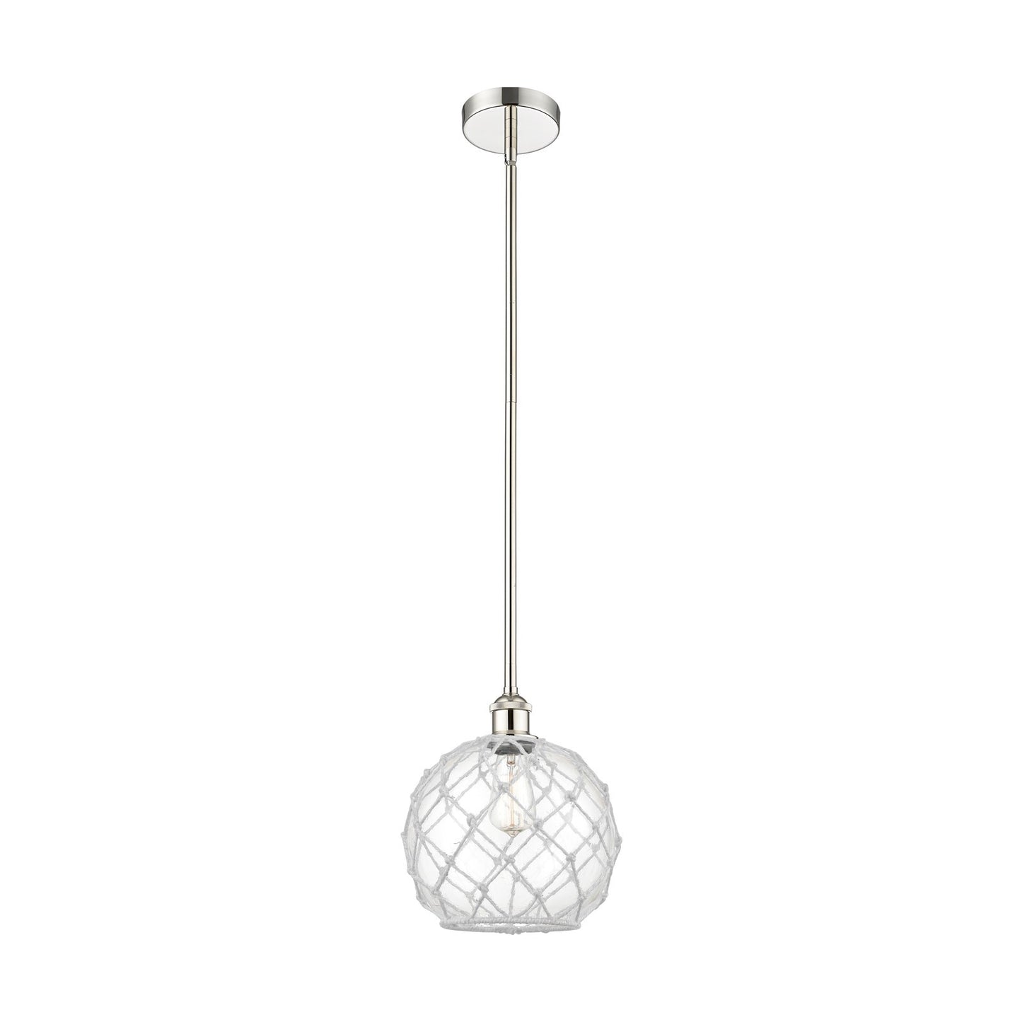 Innovations Farmhouse Rope 10in 1-Light Mini Pendant | Industrial Polished Nickel Steel and Clear Glass with White Rope | Model 616-1S-PN-G122-10RW-LED